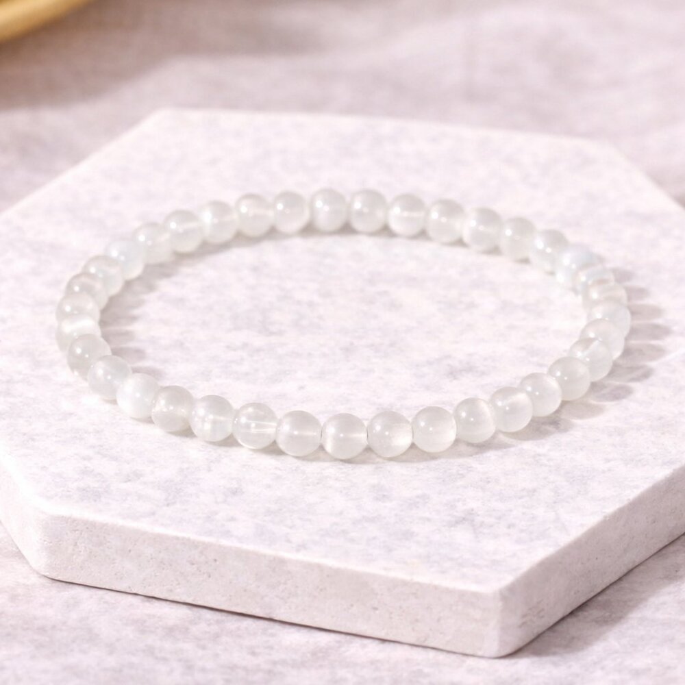 Selenite Gemstone 6mm Beaded Stretch Bracelet Healing Jewelry